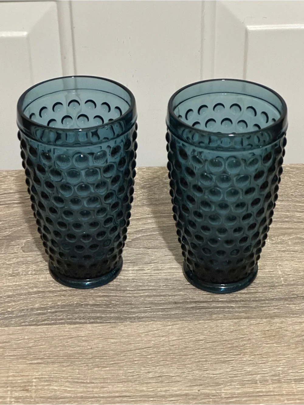 SET OF 2 PIER 1 EMMA HOBNAIL BLUE FOOTED GLASS TUMBLERS 11 OZ - 5 7/8” TALL